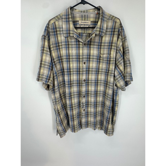 Tommy Bahama Men's 3XL 100% Silk Plaid Short Sleeve Button Shirt Beige Blue Tan - Picture 1 of 9